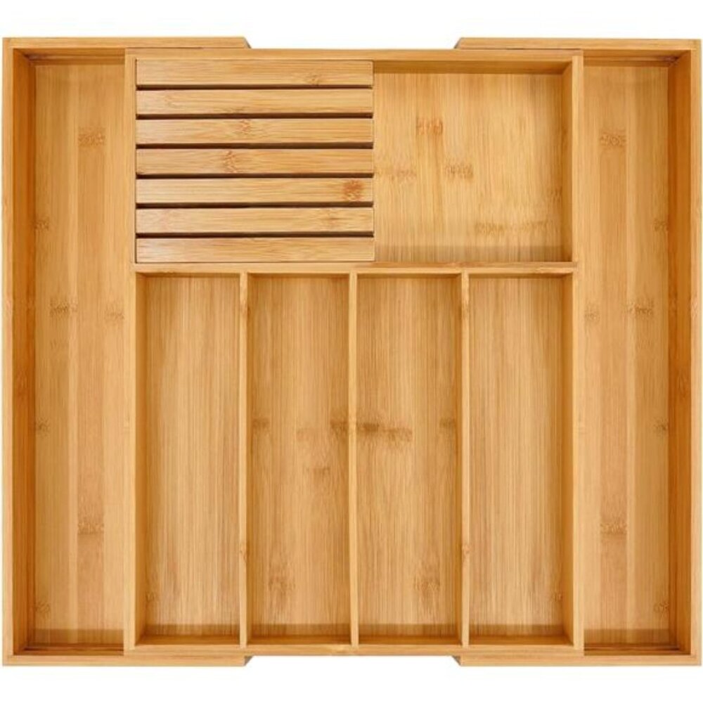 Bamboo Silverware Drawer Organizer Expandable Utensil Tray with Knife Block